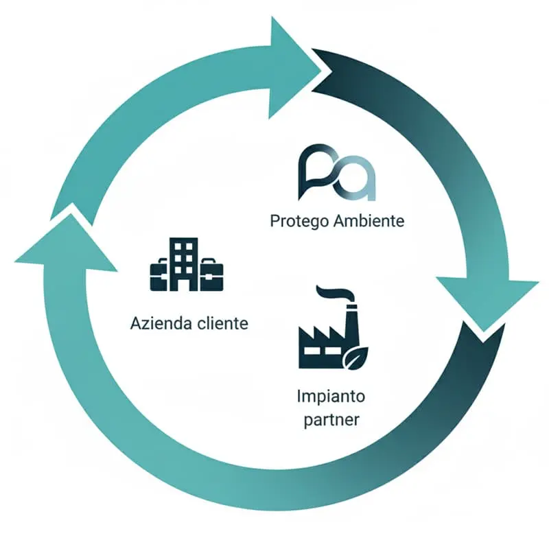 Schema del ciclo tra azienda cliente, Protego Ambiente e impianto partner