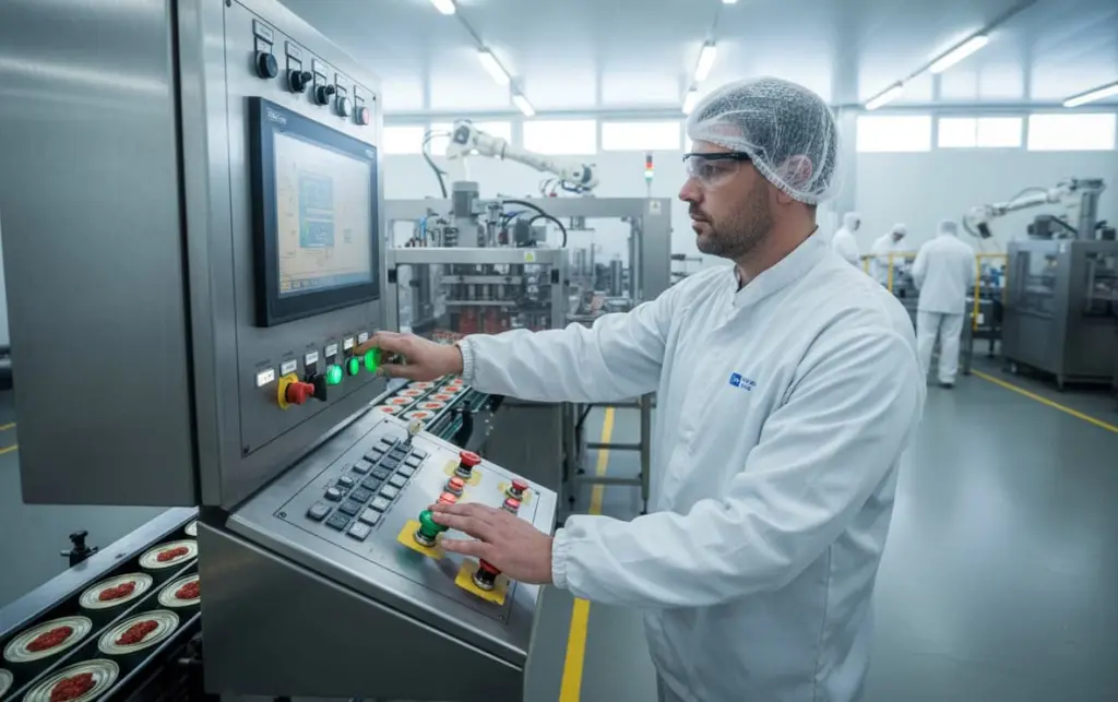 Operatore in camice e cuffia al pannello di controllo di una linea di produzione dell'industria conserviera