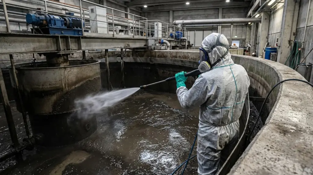 Operatore in tuta protettiva pulisce con l'idropulitrice una vasca di un impianto di trattamento acque industriali